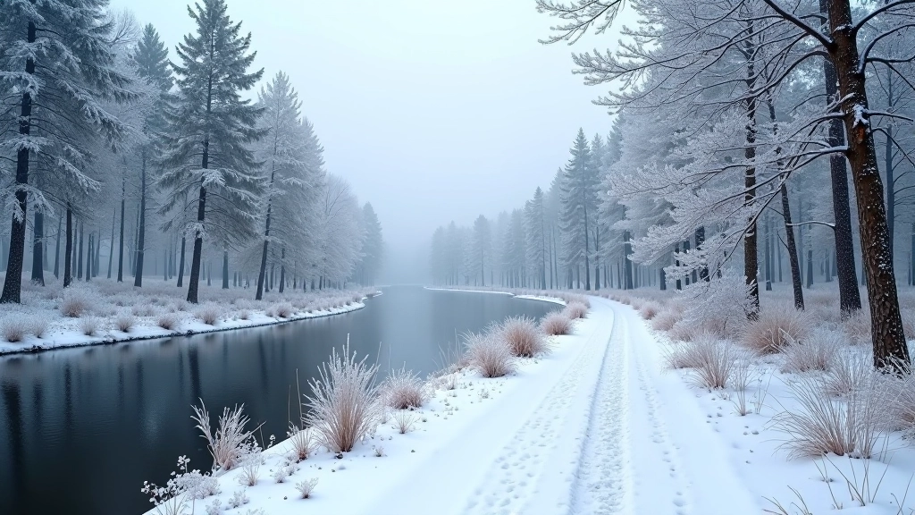 Nemuno pakrantė žiemą, snieguota, medžiai ledo krištuolais, šalta diena